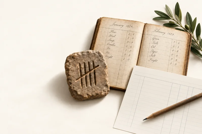 An illustrative tally tablet beside a handwritten ledger, paper, and pencil.