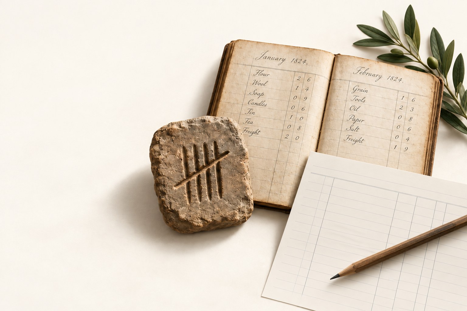 An illustrative still life of a clay tally tablet, an open handwritten ledger, and a pencil resting on modern accounting paper.